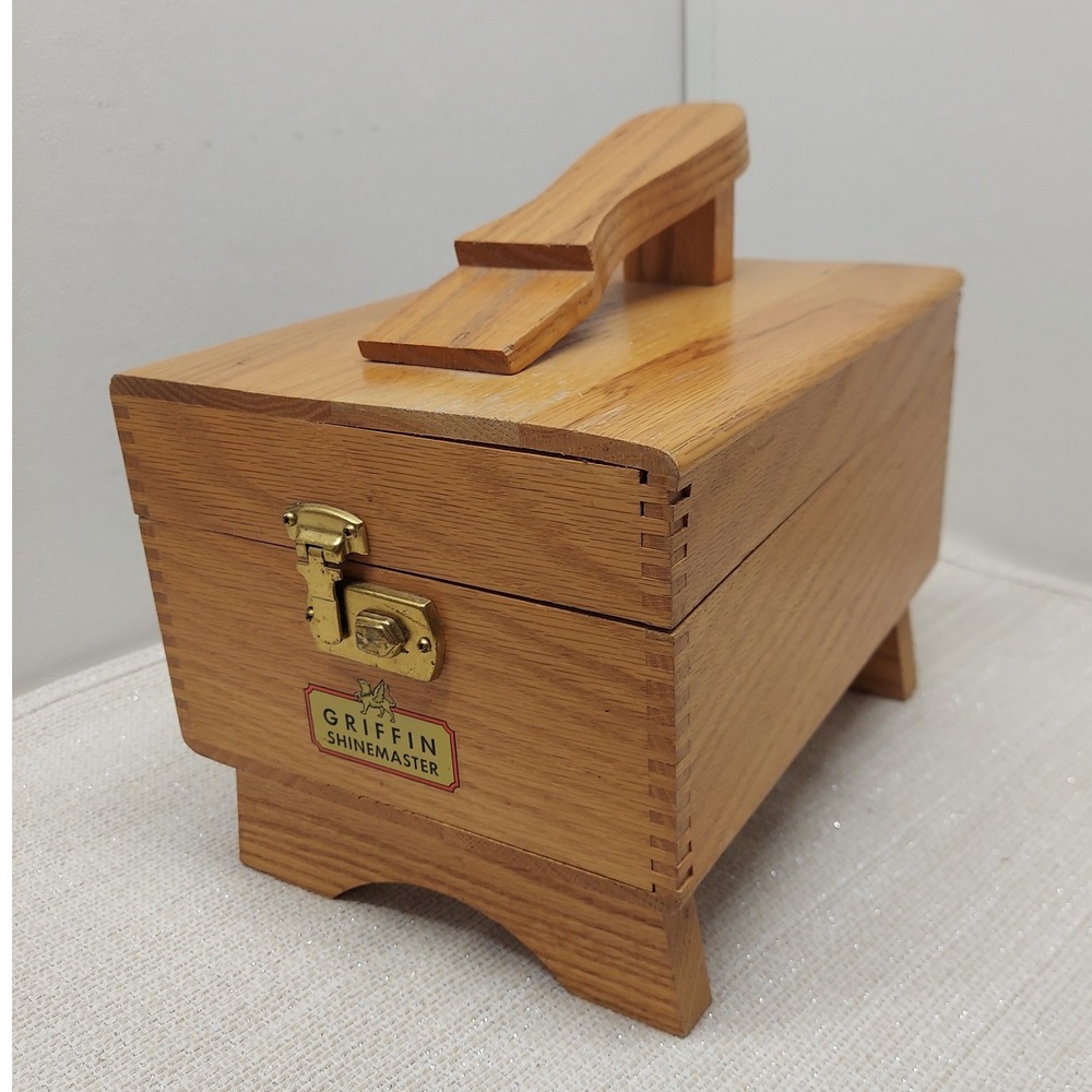 Vintage Griffin Shinemaster Wooden Shoe Shine Valet Box Oak Storage Chest Latch